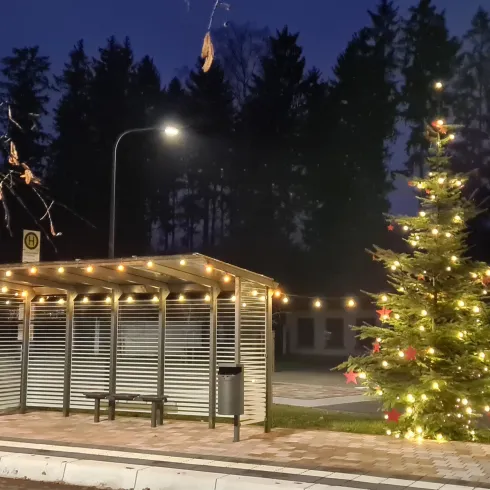 Eine festlich beleuchtete Bushaltestelle mit einem Weihnachtsbaum. Die Umgebung ist von Bäumen umgeben und es ist Nacht.