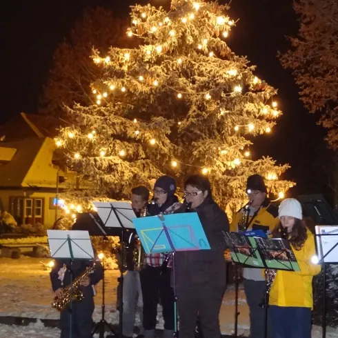 Eine Gruppe von Musikern spielt Instruments vor einem festlich beleuchteten Weihnachtsbaum. Der Schnee auf dem Boden ergänzt die winterliche Atmosphär.