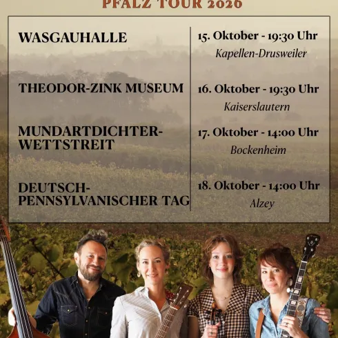 Ein Plakat für die Tournee der Band "The Shooflies" in der Pfalz 2026. Es zeigt die Konzerttermine und Veranstaltungsorte.