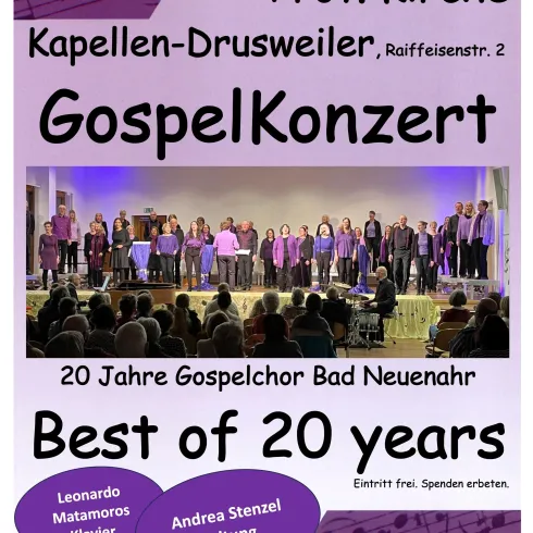Ein Plakat für ein Gospelkonzert, das am 30. August in der Protestanten Kirche in Kapellen-Drusweiler stattfindet. Es zeigt Informationen über den Gospelchor Bad Neuenahr und die Aufführung.