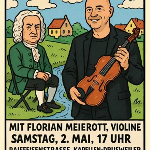 Ein Plakat für ein Klappstuhlkonzert mit dem Titel "Bach am Bach". Es zeigt zwei Cartoonfiguren, einen Musiker mit einer Violine und einen weiteren Mann, umgeben von einem einfachen Hintergrund.
