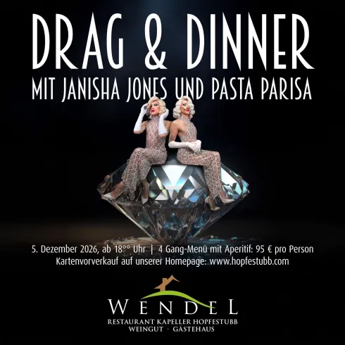 Ein Werbeplakat für eine Drag-Show und Dinner, präsentiert von Janisha Jones und Pasta Parisa. Das Event findet am 5. Dezember 2026 im Wendel Restaurant statt.