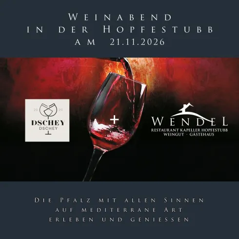 Ein Einladungsplakat für einen Weinabend in der Hopfestubb am 21.11.2026. Es zeigt ein Weinglas vor einem farbenfrohen Hintergrund sowie die Logos der teilnehmenden Brennereien.