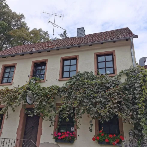 Ein charmantes Haus mit einem begrünten Eingang und blühenden Blumenkästen. Die Fassade ist von Efeu umrahmt und der Himmel ist leicht bewölkt.