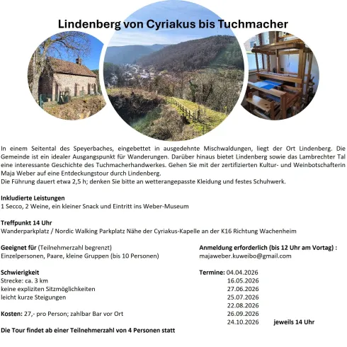 Ein Plakat für die Veranstaltung "Lindenberg von Cyriakus bis Tuchmacher" - der Kultur- u. Weinbotschafterin Maja Weber in Lindenberg (Pfalz). Darauf sind alle wichtigen Infos zu finden.