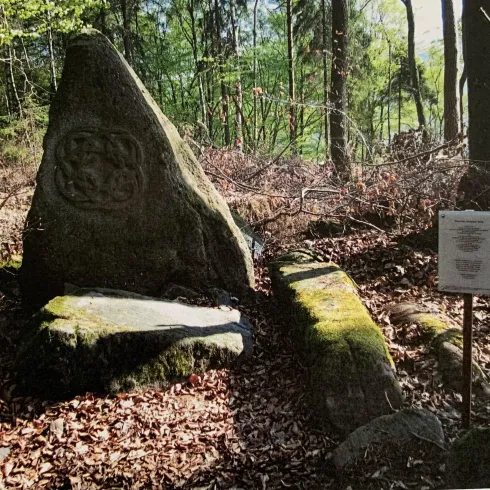 Ein großer, mit Moos bewachsener Stein steht im Wald. Neben dem Stein befindet sich ein informatives Schild.