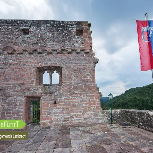 Eine alte Burgruine mit Steinmauern und Fenstern. Im Hintergrund sind Bäume und eine Fahne zu sehen.
