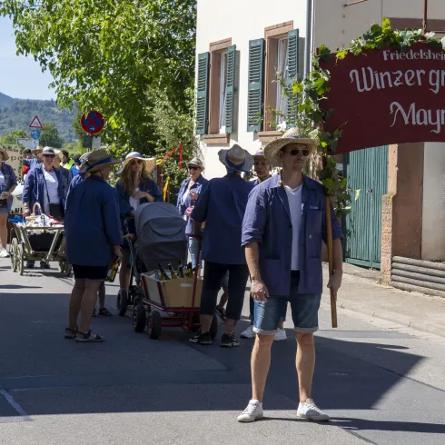 Eine festliche Parade mit Menschen in traditionellen Kleidern, die eine Fahne mit der Aufschrift "Winzergruppe Mai" tragen. Im Hintergrund sind Bäume und Häuser zu sehen.