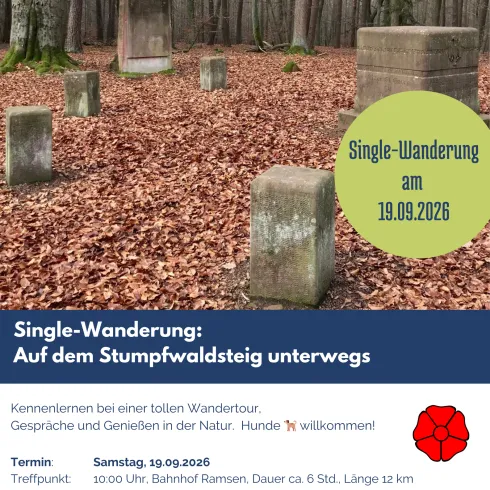 Eine Wanderung durch einen Wald mit Steinen, umgeben von buntem Laub. Informationen zu einem Single-Event am 19. September 2026 sind ebenfalls enthalten.