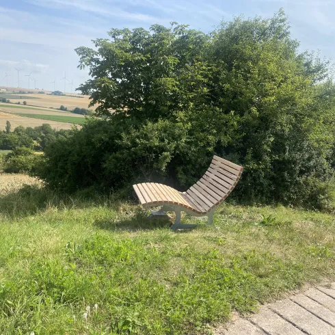 Eine moderne Liege steht auf einer Wiese, umgeben von Bäumen. Im Hintergrund sind sanfte Hügel und ein blauer Himmel zu sehen.