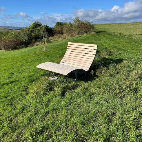 Eine stilvolle Holzliege steht auf einer grünen Wiese. Der Himmel ist klar und blauer, ideal für eine entspannte Auszeit in der Natur.