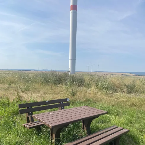 Ein rustikaler Tisch mit Bänken steht in einer grünen Wiese. Im Hintergrund ist ein großer Windmast zu sehen.