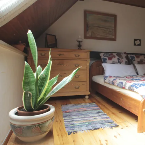 Ein gemütliches Schlafzimmer mit einem Holzbett, buntem Bettzeug und einer großen Pflanze in einem Topf. Der Raum hat Holzfußboden und eine warme, einladende Atmosphäre.