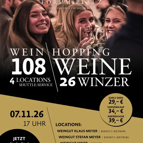 Ein Werbeplakat für eine Weinverkostungsveranstaltung mit fröhlichen Menschen. Die Veranstaltung findet an mehreren Standorten mit Shuttle-Service statt.
