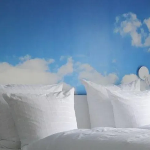 Ein modernes Schlafzimmer mit weißen Bettwäsche und einem Wandgemälde von blauem Himmel und Wolken. Es gibt auch eine Uhr und Vorhänge, die ein angenehmes Ambiente schaffen.