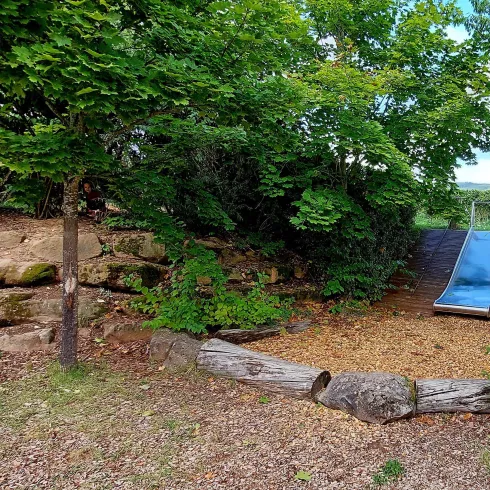Ein Spielplatz mit einer Rutsche und viel grünem Laub. Die Umgebung besteht aus Steinen und Baumstämmen.