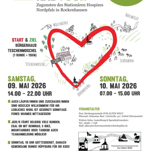 Ein Flyer für eine Spenden-Radtour zugunsten des Stationären Hospizes Nordpfalz in Rockenhausen. Die Veranstaltung findet am 9. und 10. Mai 2026 statt und bietet verschiedene Aktivitäten für Teilnehmer und Zuschauer.