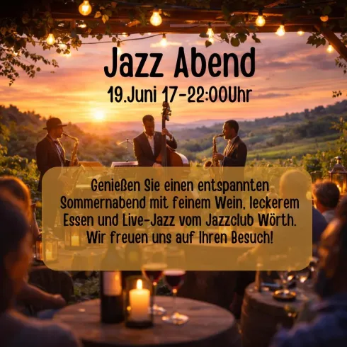 Ein schöner Sommerabend mit Live-Jazz, umgeben von einer malerischen Landschaft. Genießen Sie feinen Wein und leckeres Essen.