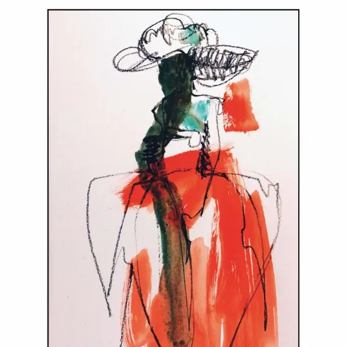 Ein farbenfrohes Kunstwerk von Olga David, das eine stilisierte Figur darstellt. Die Ausstellung im Weingut Wilker läuft vom 23. Mai bis 30. Juni 2026.