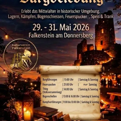 Ein Plakat für die Burgruine Falkenstein mit Informationen zu einer Ritterveranstaltung. Es zeigt das mittelalterliche Ambiente mit Aktivitäten wie Kämpfen und Bogenschießen.