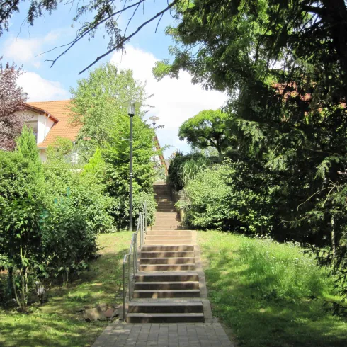 Ein Weg mit Treppen führt durch eine grüne Umgebung. Im Hintergrund sind Bäume und Gebäude sichtbar.