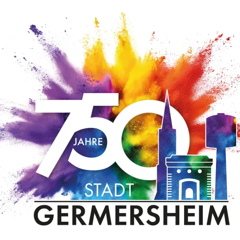 Ein farbenfrohes Logo zum 750-jährigen Jubiläum der Stadt Germersheim. Es zeigt den Stadtnamen in einem kreativen Design mit lebhaften Farben.