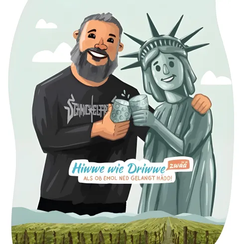 Eine humorvolle Illustration zeigt einen Mann mit Bart, der mit der Freiheitsstatue anstößt. Im Hintergrund sind grüne Weinberge zu sehen.