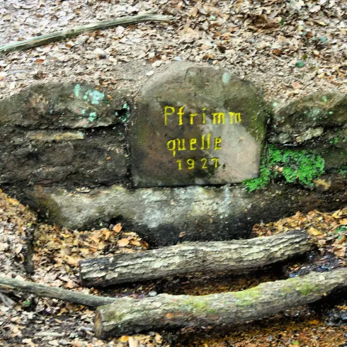 Eine kleine Quelle im Wald mit einem Stein, der die Inschrift „Pfirrmannquelle 1927“ trägt. Umgeben von Laub und einigen Ästen.