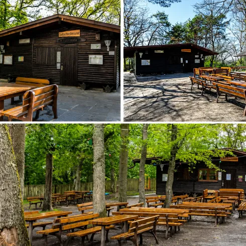 Eine gemütliche Waldhütte mit Holzdecks und Sitzgelegenheiten im Freien. Der Bereich ist von grünen Bäumen umgeben und bietet eine ruhige Atmosphäre.