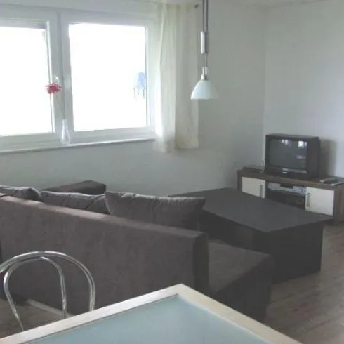 Ein helles Wohnzimmer mit einem dunklen Sofa und einem Couchtisch. Am Fenster hängen helle Vorhänge, und ein Fernseher steht auf einem niedrigen Regal.