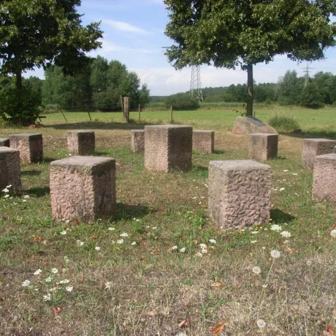 Ein runder Steinkreis mit quadratischen Steinen in der Mitte einer Wiese. Umgeben von Bäumen und Wiesenblumen unter einem klaren Himmel.