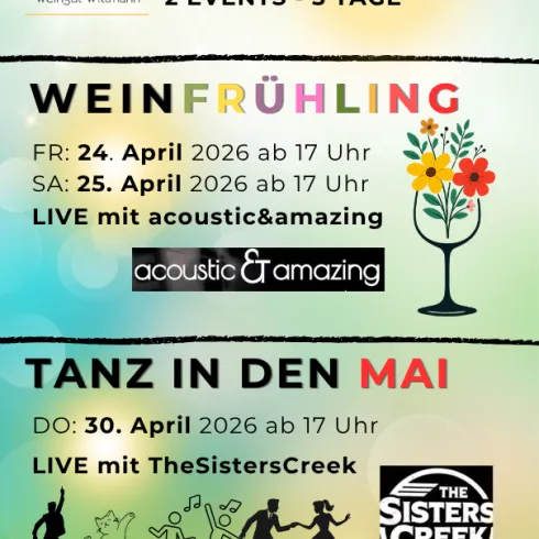Ein Flyer für Frühlingsveranstaltungen im Weingut Wittmann in Impflingen. Es werden zwei Events angeboten: Weinfrühling am 24. und 25. April sowie Tanz in den Mai am 30. April.