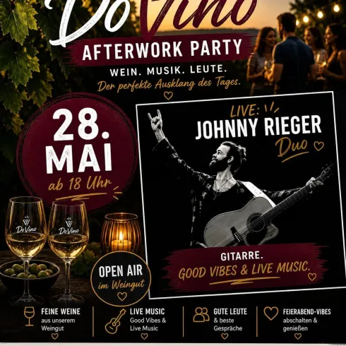Eine Einladung zur DoVino Afterwork-Party im Weingut Wittmann. Live Musik mit Johnny Rieger und gute Stimmung ab 18 Uhr am 28. Mai.