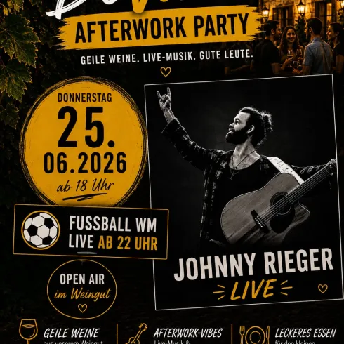 Ein bunter Veranstaltungsflyer für die DoVino Afterwork Party. Zu sehen sind Informationen über Wein, Live-Musik und Fußball, begleitet von einem Abbild eines Singers auf der Bühne.