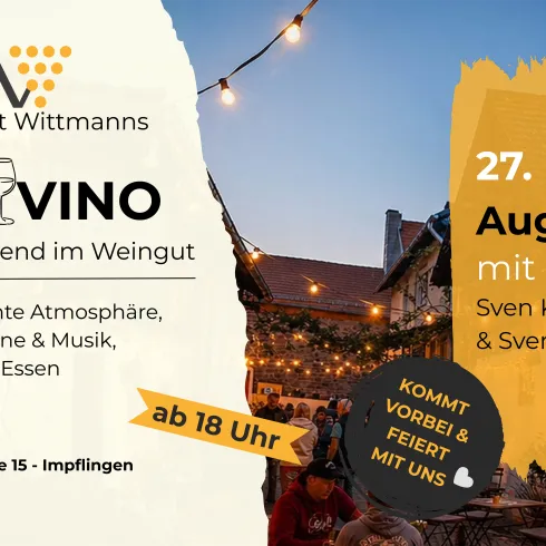 Ein bunter Veranstaltungsflyer für die DoVino Afterwork Party. Zu sehen sind Informationen über Wein, Live-Musik und Fußball, begleitet von einem Abbild eines Singers auf der Bühne.