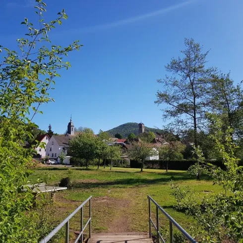 Brücke zum Spielplatz mit Blick auf die Ortsmitte
