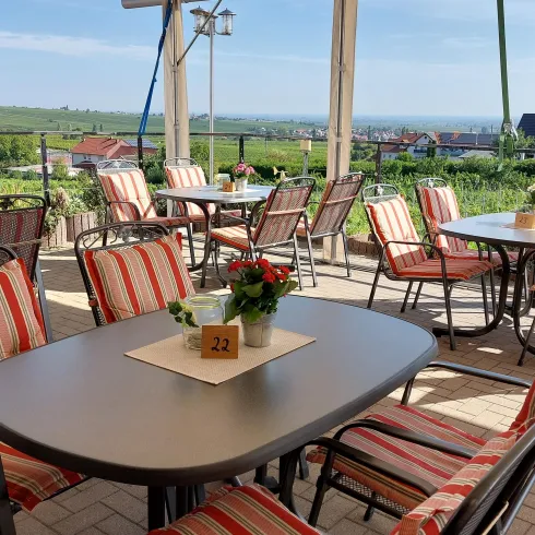 Ein einladender Außenbereich mit Tischen und Stühlen, umgeben von Weinbergen. Die Sonne scheint und bietet eine entspannte Atmosphäre.