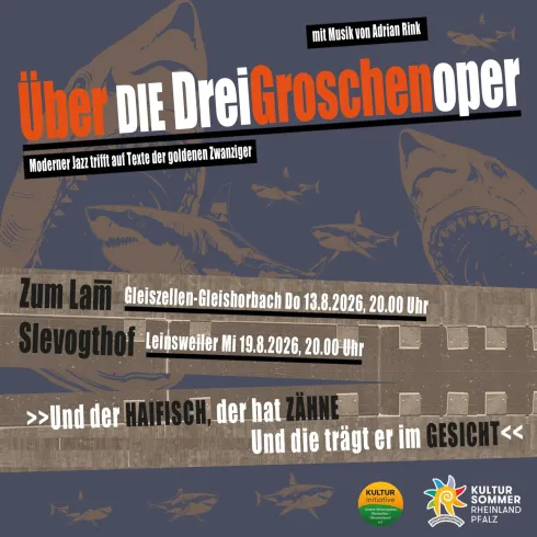 Ein Plakat für eine moderne Jazzveranstaltung, die die Drei Groschenoper präsentiert. Es zeigt Details zu den Aufführungen und den Künstlern.