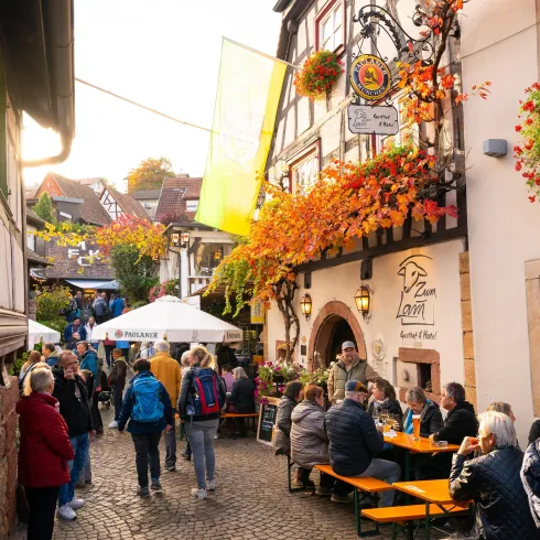 Eine malerische Gasse mit bunten Herbstblätter und vielen Menschen. Gemütliche Tische stehen draußen vor den Geschäften.