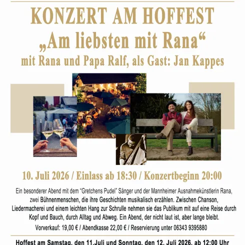 Ein Plakat für ein Konzert mit dem Titel „Am liebsten mit Rana“. Das Event findet am 10. Juli 2026 in Gleizellen statt und bietet Informationen zu Künstlern, Zeit und Ort.