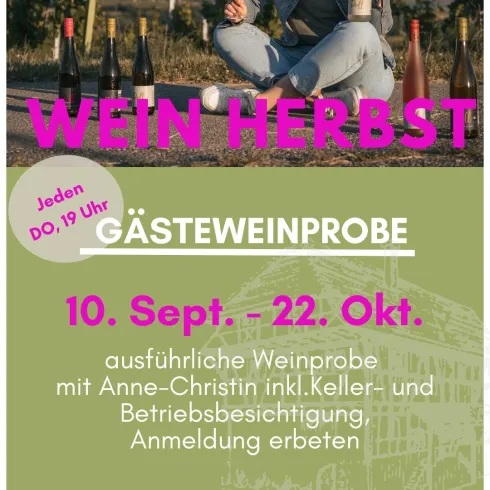 Ein Werbematerial für eine Weinprobe im Weingut Doll. Die Veranstaltung findet vom 10. September bis zum 22. Oktober statt und beinhaltet eine Besichtigung des Betriebs.