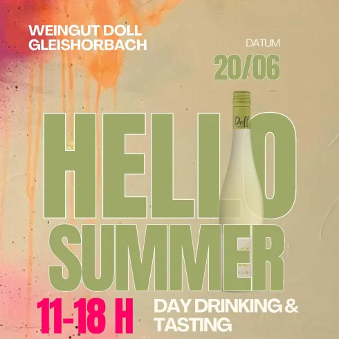 Ein Werbeplakat für eine Veranstaltung im Weingut Doll in Gleishorbach. Es lädt zu einem Sommertag mit Weinprobe und Getränken am 20. Juni von 11 bis 18 Uhr ein.