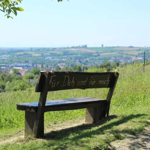 Eine Holzbank steht auf einer Wiese mit Blick auf die Landschaft. Im Hintergrund sind sanfte Hügel und ein klarer Himmel zu sehen.