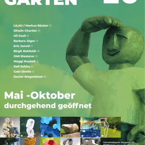 Ein Plakat für die Ausstellung "Skulpturen Garten 26". Es zeigt verschiedene Skulpturen und enthält Informationen über die Ausstellungsdauer von Mai bis Oktober.