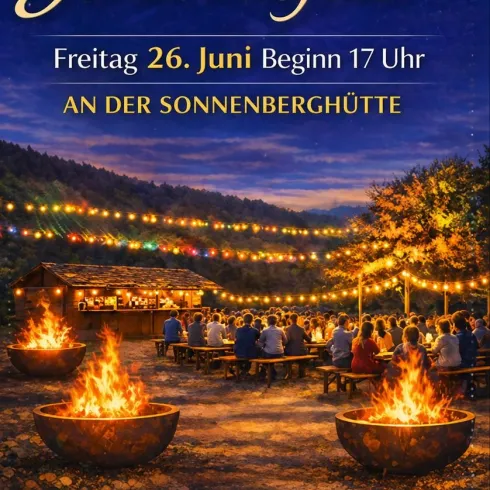 Ein Flyer für die Johannisfeier mit Informationen über das Event. Die Feier findet am Freitag, den 26. Juni, um 17 Uhr an der Sonnenberghütte statt.