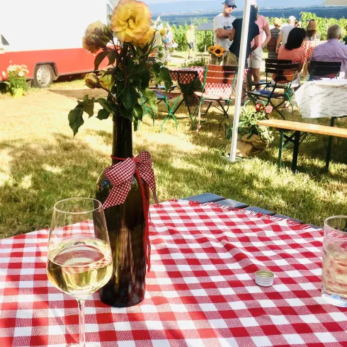 Ein schöner Tisch mit einer rot-weißen Tischdecke, einem Glas Weißwein und einer Blumenvasen. Im Hintergrund sind Menschen und eine malerische Landschaft zu sehen.
