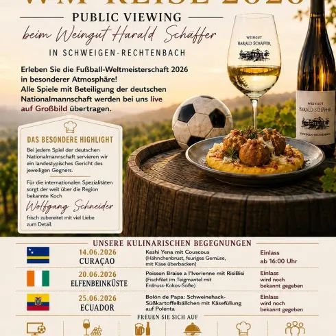 Ein Poster für das öffentliche Viewing der Fußball-Weltmeisterschaft 2026. Es zeigt eine Einladung zu kulinarischen Erlebnissen und Veranstaltungen beim Weingut Harald Schäffer.