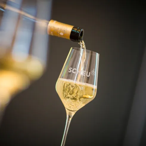 Ein elegantes Glas wird mit sprudelndem Wein gefüllt. Im Hintergrund ist ein unscharfer Blick auf ein weiteres Glas zu sehen.