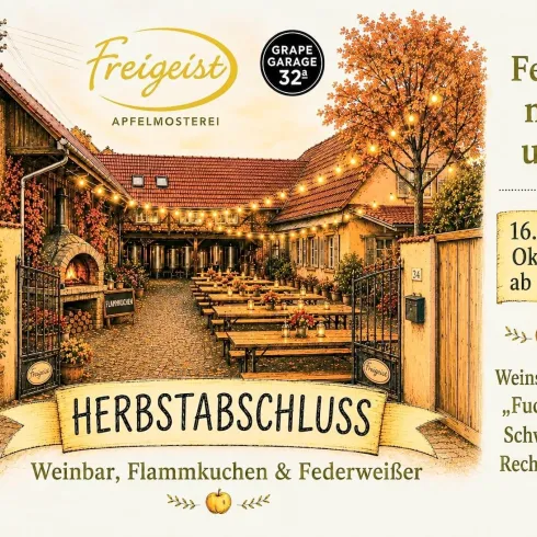 Eine gemütliche Veranstaltung im Freien mit Lichtern und schattigen Plätzen. Es wird Wein, Flammkuchen und Federweißer angeboten.