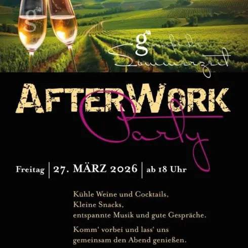 Ein einladendes Plakat für eine After-Work-Party mit Weingläsern im Vordergrund. Es wird auf eine entspannte Veranstaltung mit Weinen, Snacks und Musik hingewiesen.